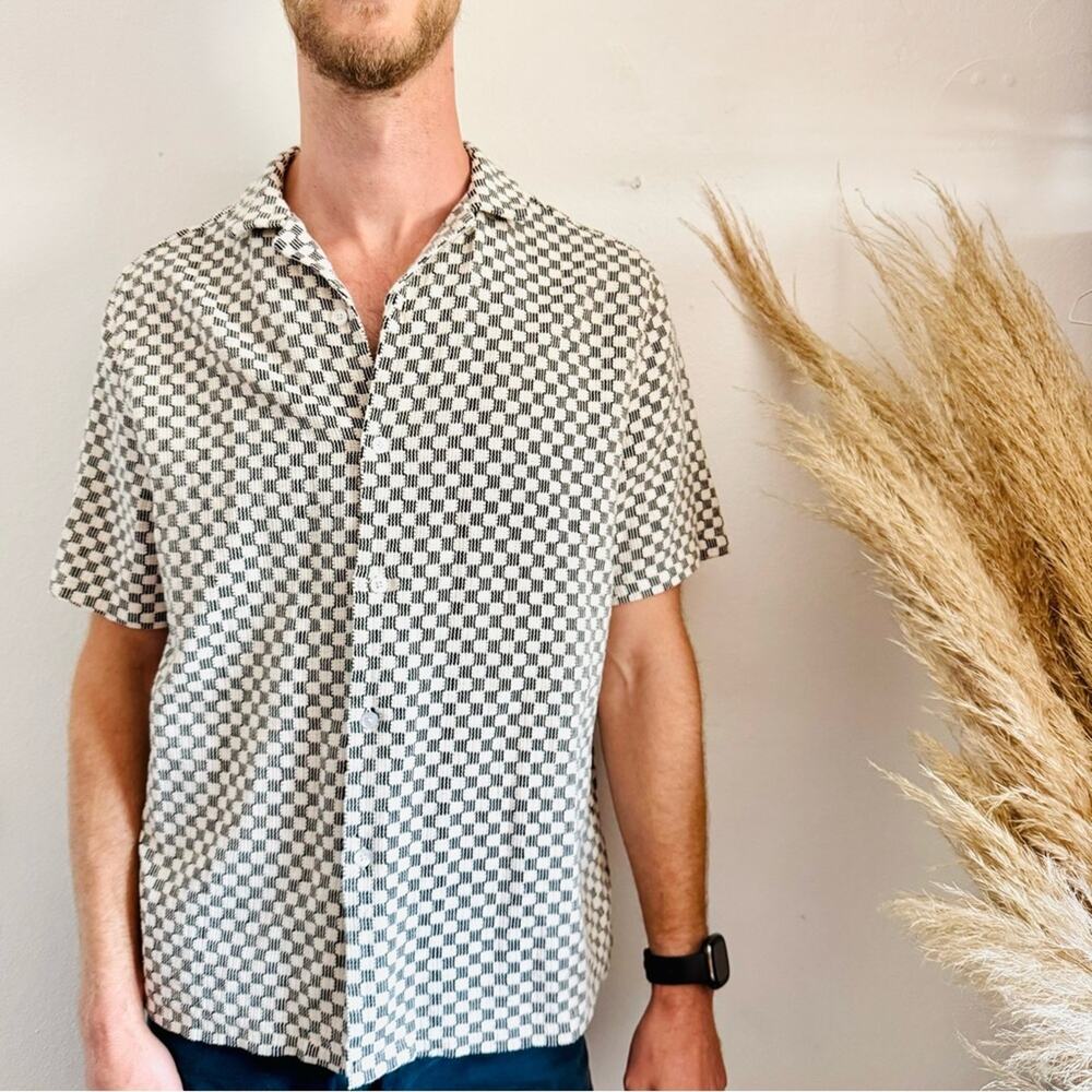 MENS ASOS DESIGN Black White Checker Print Button Down Short Sleeve Shirt Top S